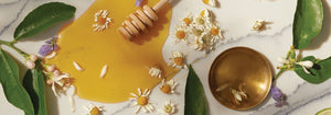 Honey, chamomile and lemon leaves photographed for Moon Bath