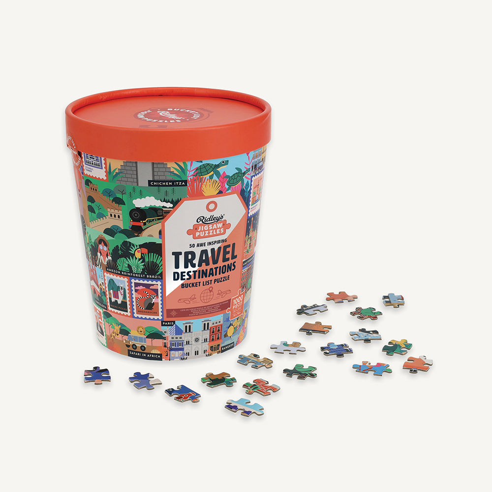 50 Awe-Inspiring Travel Destinations Bucket List 1000-Piece Puzzle with unassembled jigsaw pieces