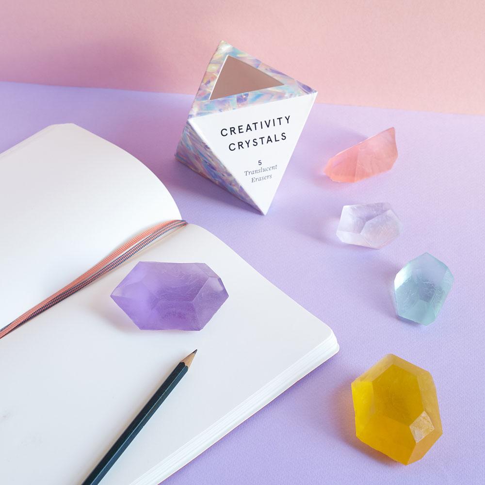 Creativity Crystals box with 5 crystal erasers and a notebook and pencil