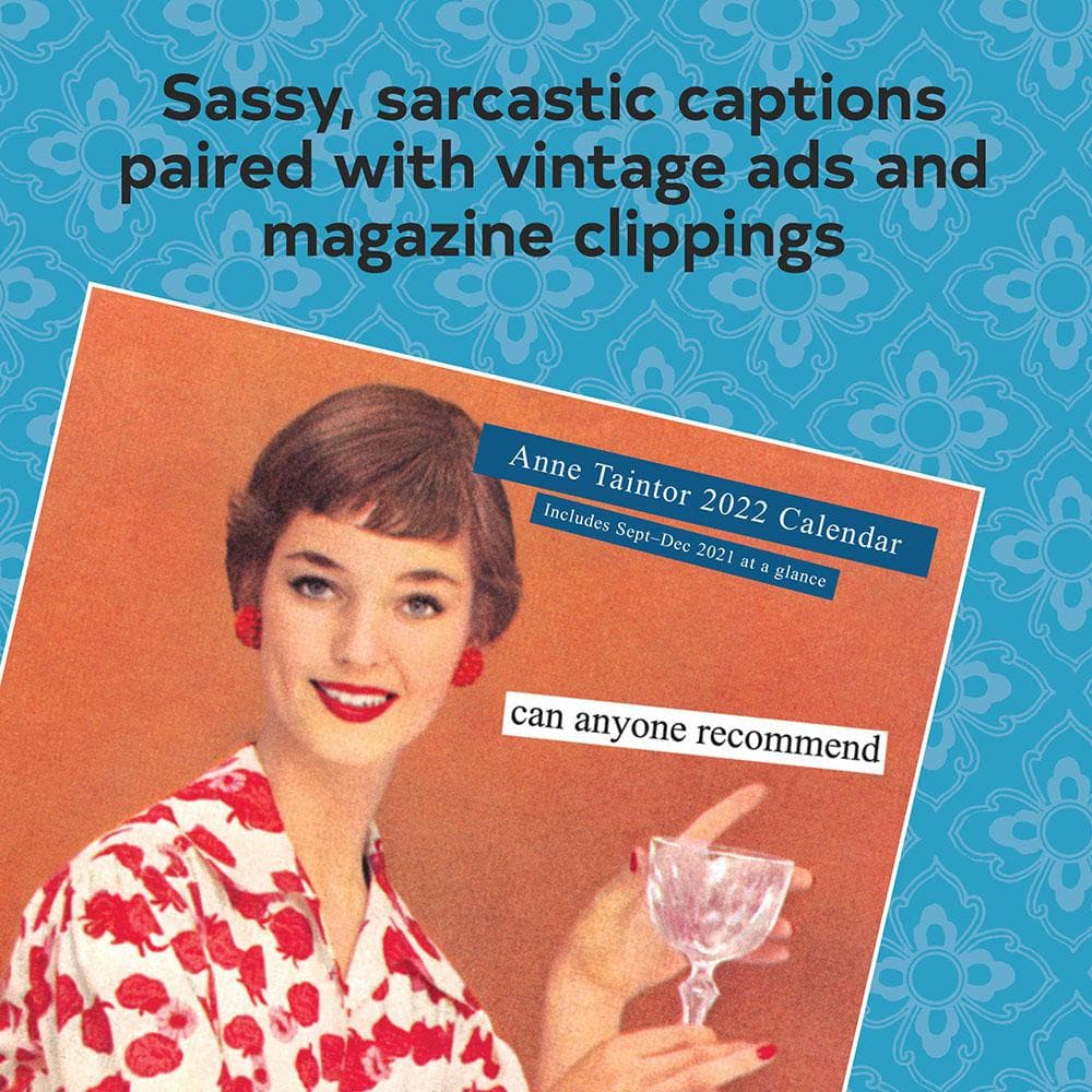 Sassy, sarcastic captions paired with vintage ads and magazine clippings