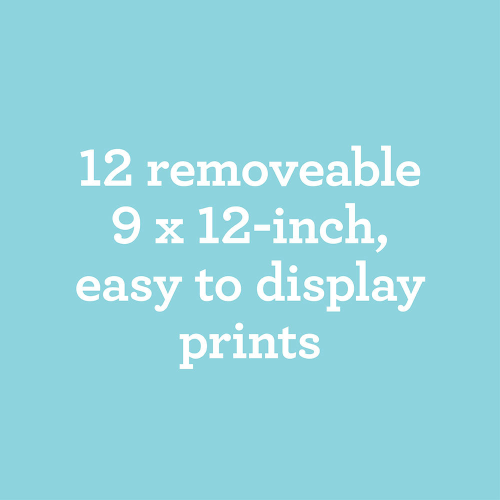 12 removable 9x12 inch, easy to display prints