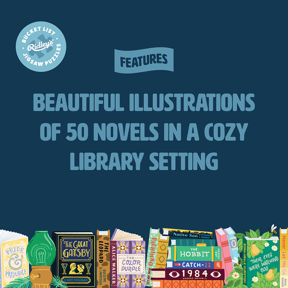Features beautiful illustrations of 50 novels in cozy library setting