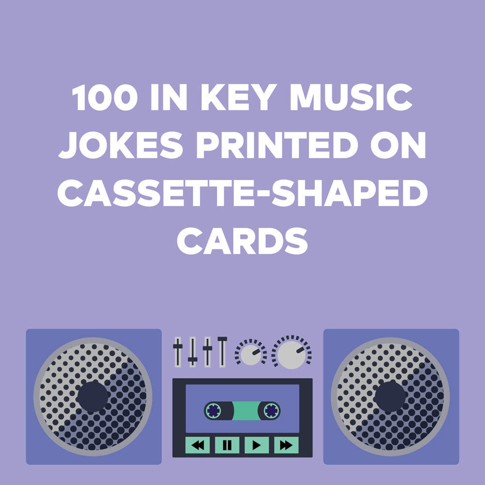 100 in key music jokes printed on cassette-shaped cards