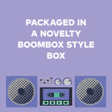 Packaged in a novelty boombox style box