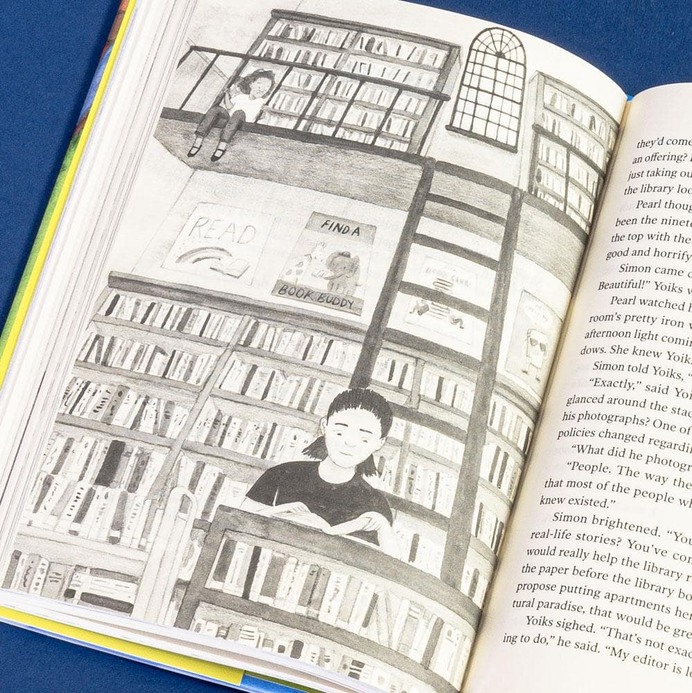 Illustration of girl reading from the middle-grade novel A Girl, a Raccoon, and the Midnight Moon, By Karen Romano Young, Illustrated by  Jessixa Bagley 