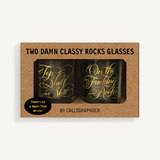 Two Damn Classy Rocks Glasses in packaging