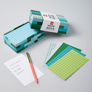 LEGO Note Brick (Blue-Green) with open box and fanned out note sheets