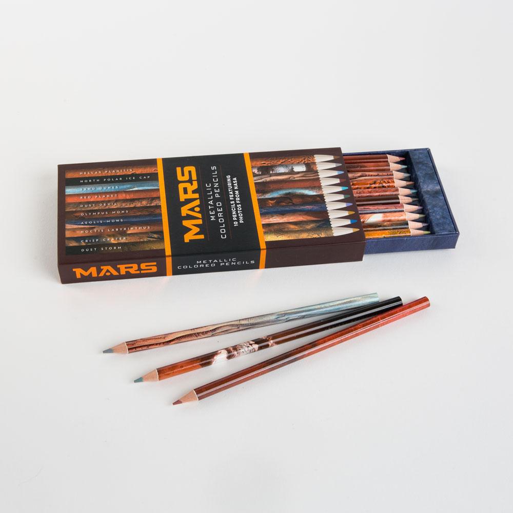 Mars Metallic Colored Pencils with open box and three pencils