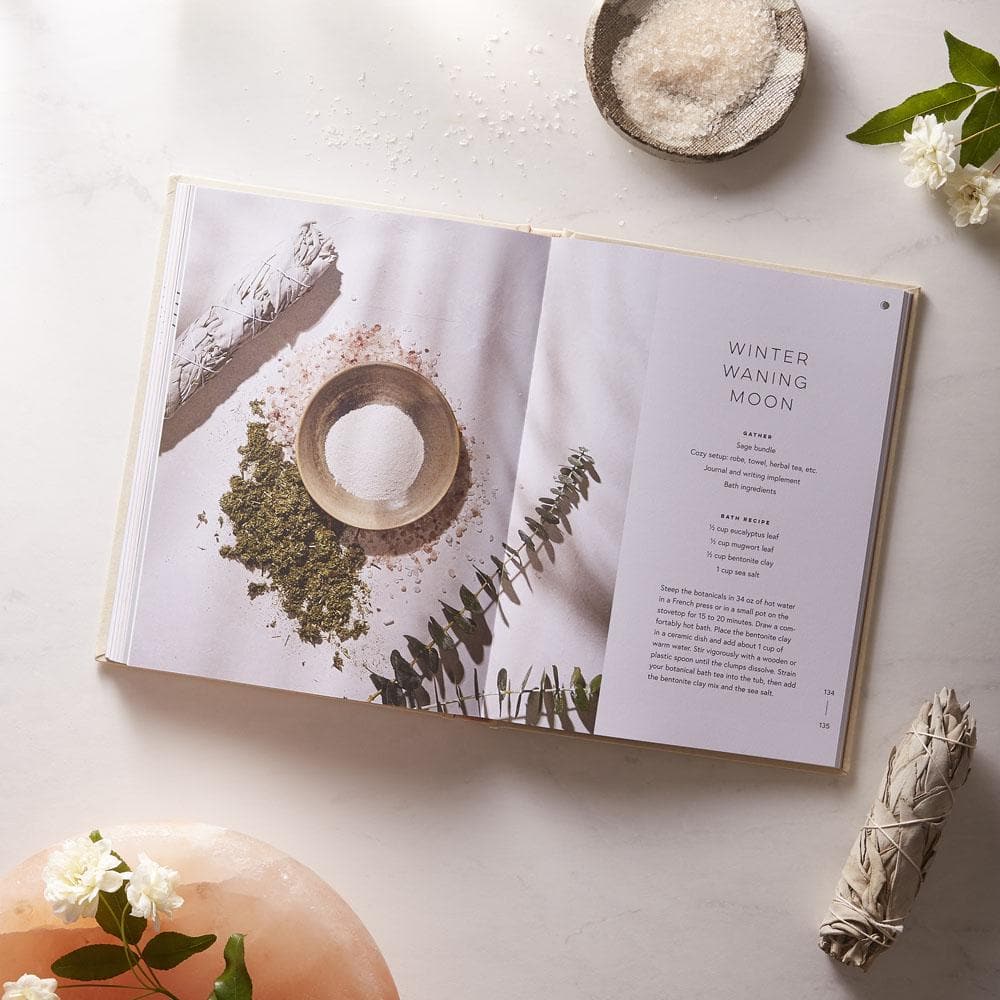 Moon Bath, Bathing Rituals and Recipes for Relaxation and Vitality interior with sage, flowers and salt