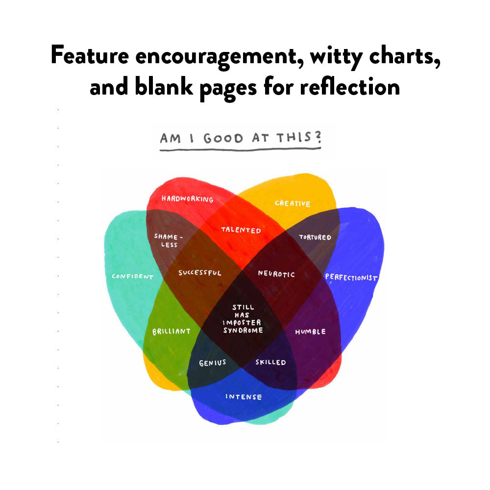 Features encouragement, witty charts, and blank pages for reflection