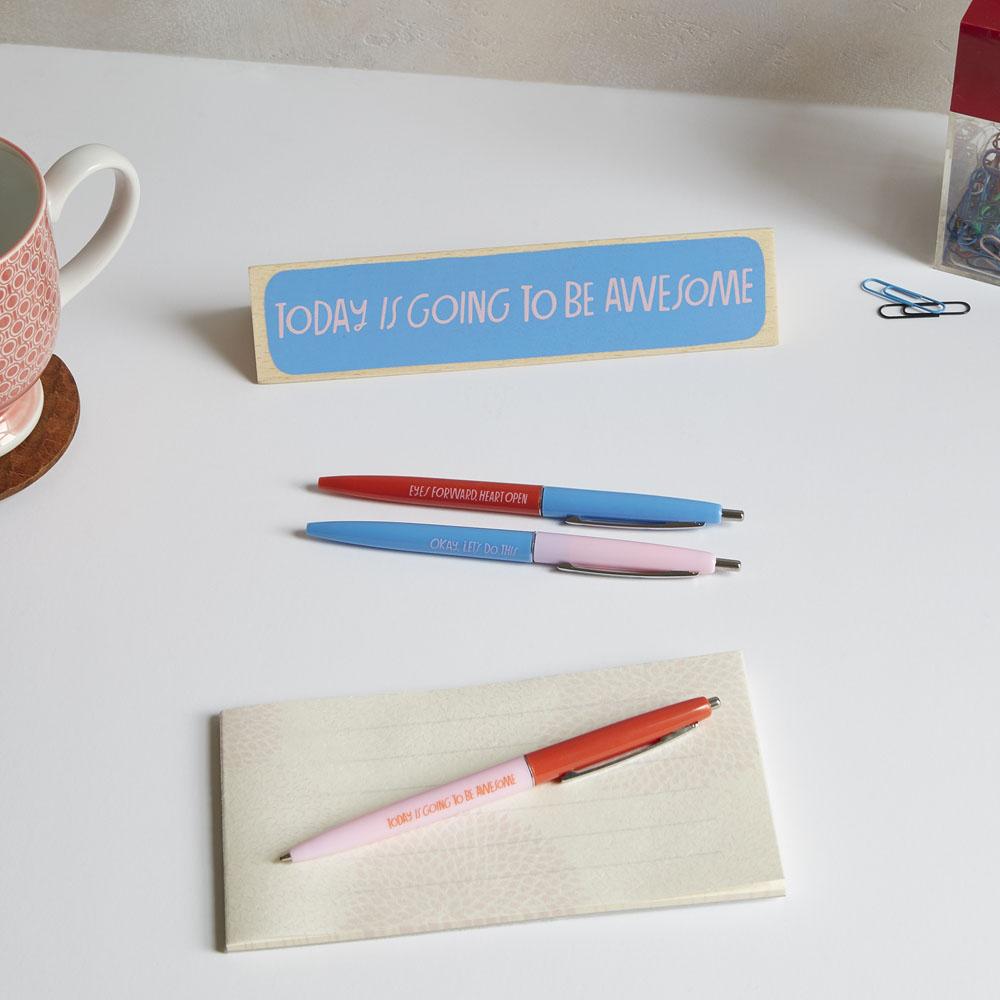 Okay, Let's Do This 3-Sided Wooden Desk Sign with pens, paper, and mug