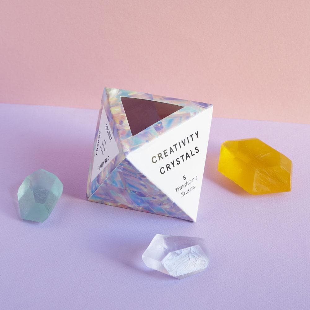 Creativity Crystals box with 3 crystal erasers on a purple background