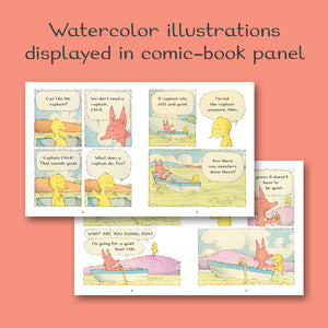 Watercolor illustrations displayed in comic book panels