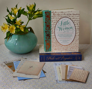 Little Women with vase, letters and a copy of Pride & Prejudice