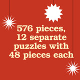 576 pieces, 12 separate puzzles with 48 pieces each