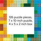 126 puzzle pieces, 7x10 inch puzzle, 4x5x2 inch box