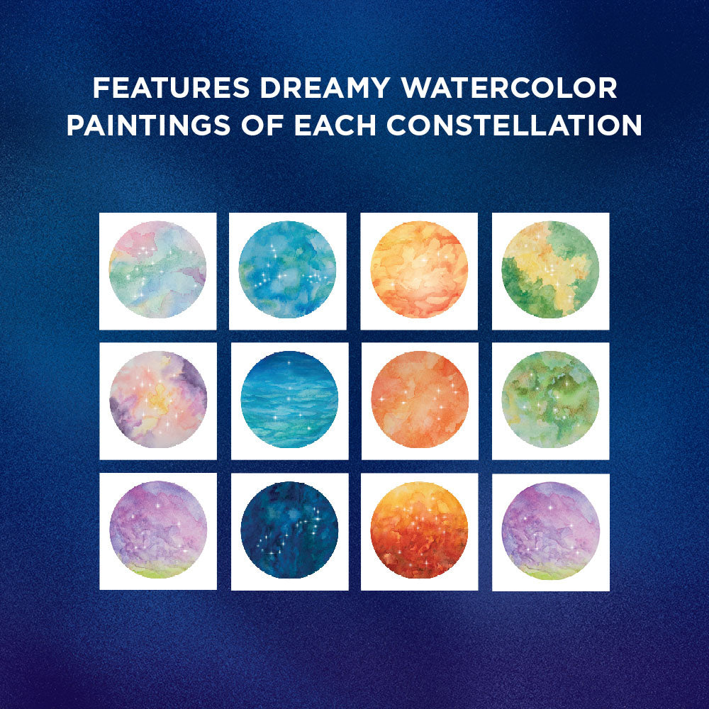 Features dreamy watercolor paintings of each constellation
